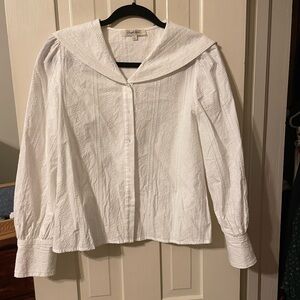 Simple Retro Size Large White Long Sleeve Blouse Sailor Collar Embroidered